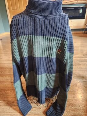 Tommy Hilfiger Navy and Olive Green Ribbed Turtleneck Sweater